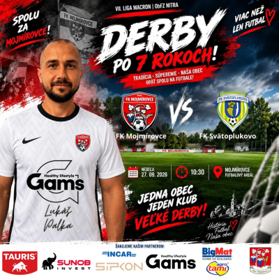 Futbalové derby Mojmírovce vs. Svätoplukovo 27. septembra 2026 na domácom štadióne